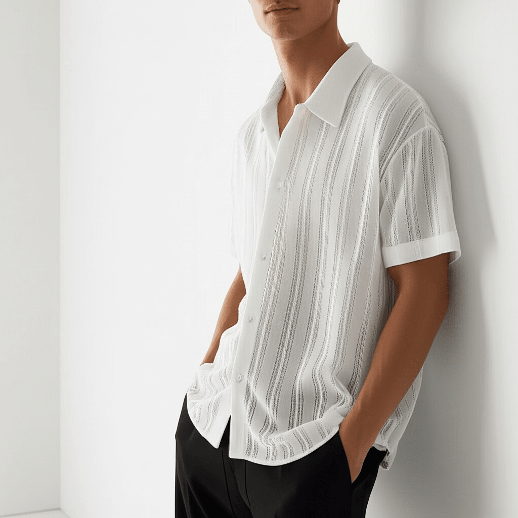  Man displaying a textured shirt with a relaxed fit on a plain background.