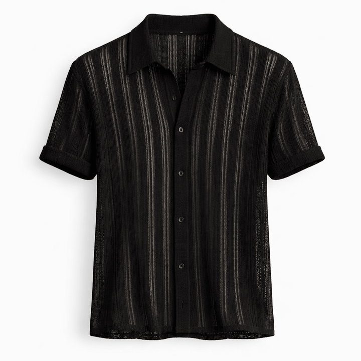 A casual collared shirt with textured detail on a plain background.