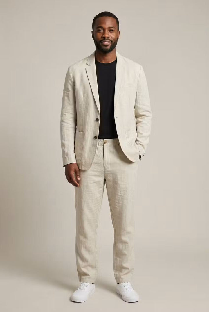 Male model wearing a relaxed-fit blazer and matching trousers on a plain background.