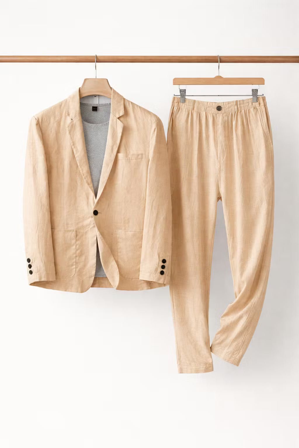 A coordinated smart-casual outfit on a plain background.