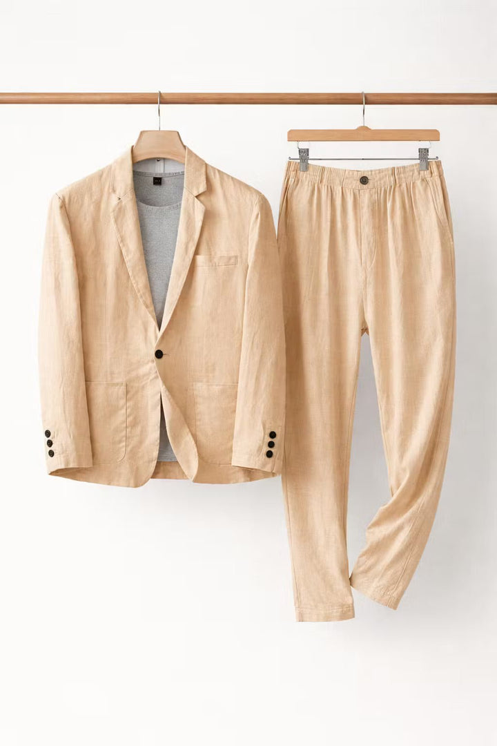 A coordinated smart-casual outfit on a plain background.