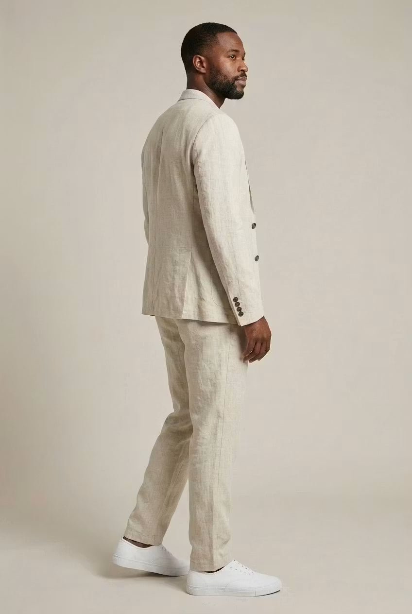 A smart-casual two-piece outfit on a plain background.