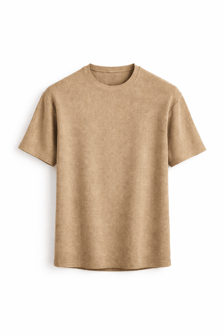 Simple round neck T-shirt with short sleeves on a plain background.
