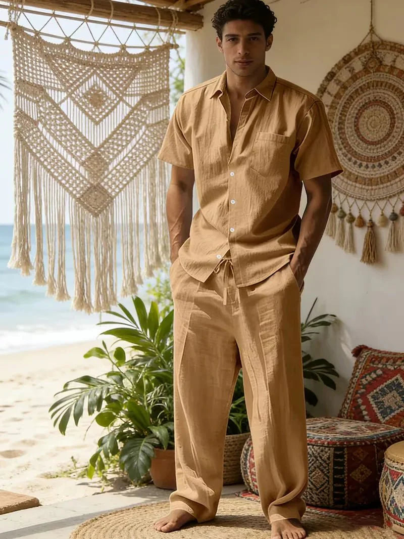  Male model wearing a breathable summer-style outfit on a plain background.