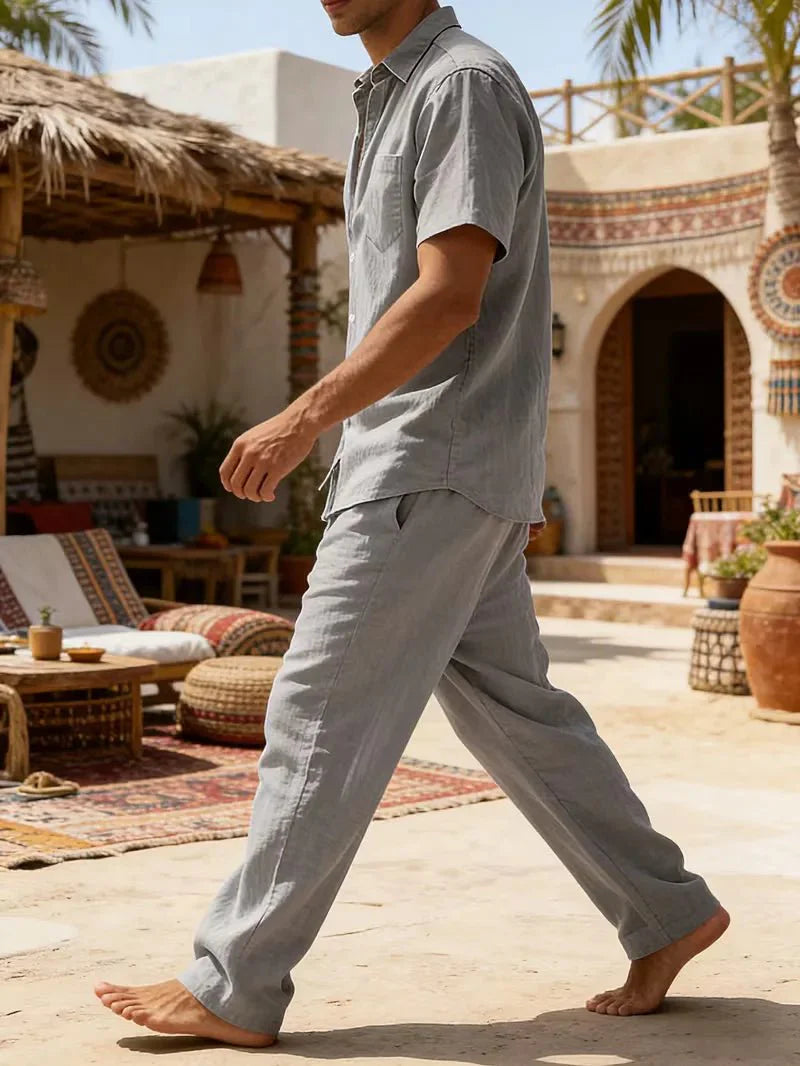  Man wearing a clean summer outfit with a relaxed silhouette on a plain background.