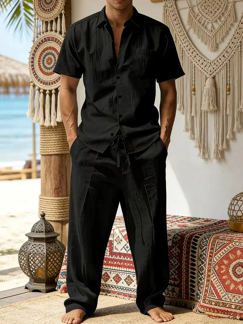  Male model showcasing an easy-to-style two-piece set on a plain background.