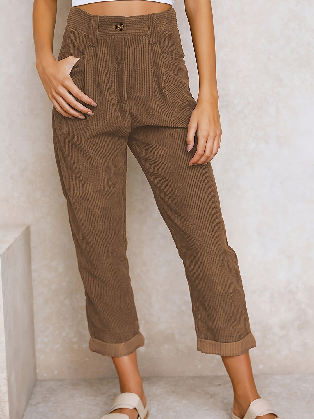Hesperara | Women's Casual Corduroy Relaxed Fit Tapered Pants — Brown