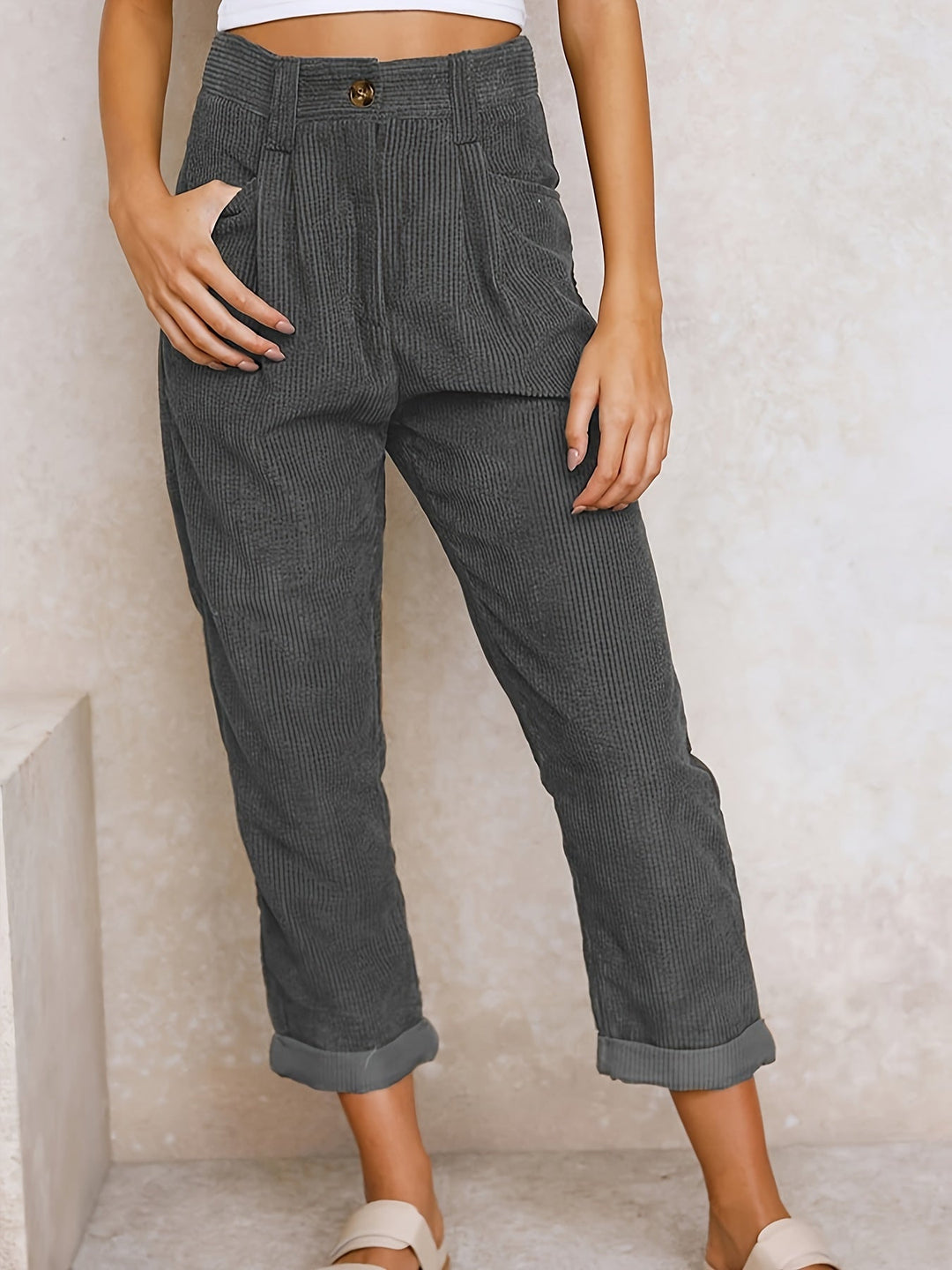 Hesperara | Women's Casual Corduroy Relaxed Fit Tapered Pants — Gray