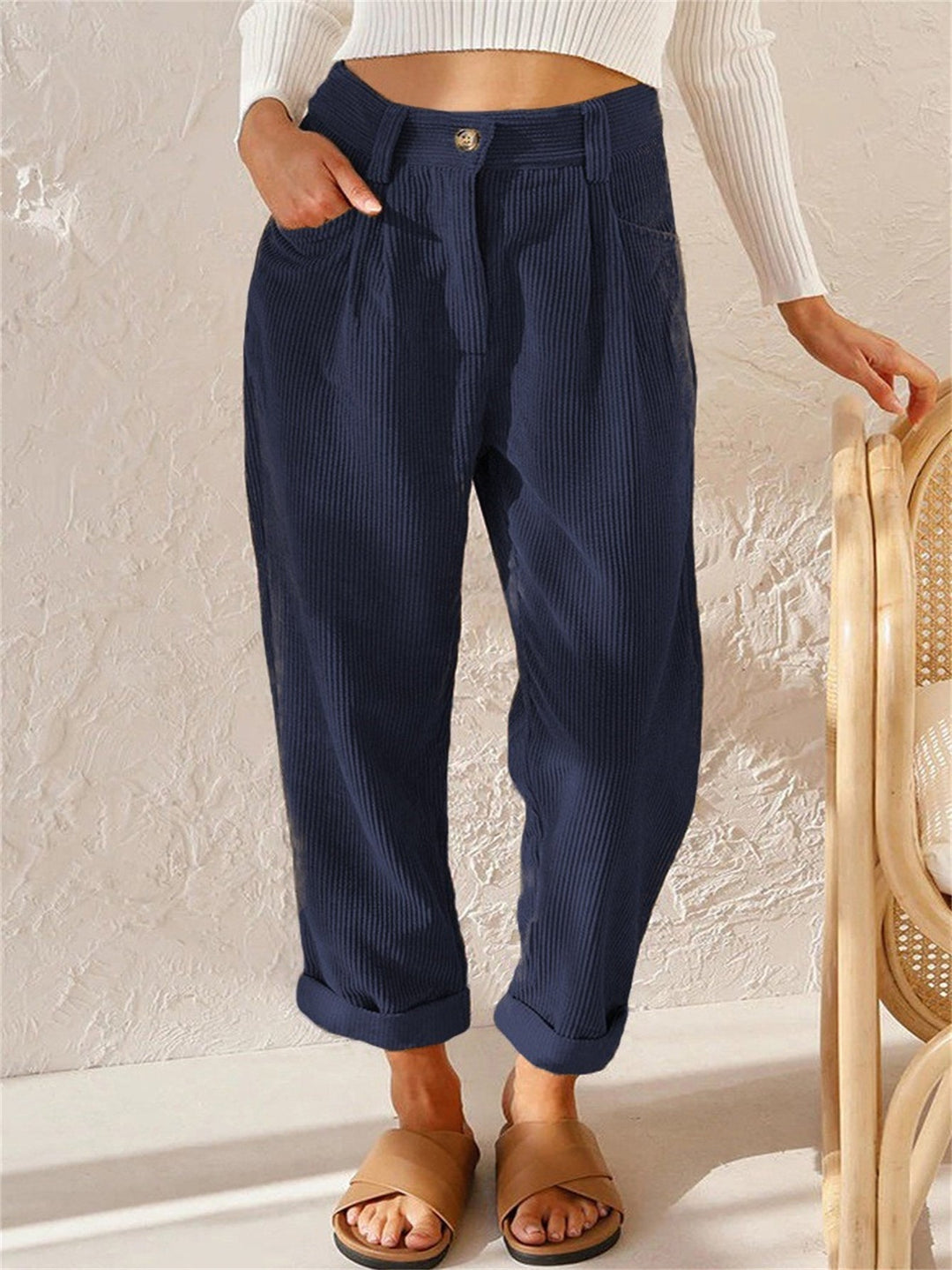 Hesperara | Women's Casual Corduroy Relaxed Fit Tapered Pants — Navy blue
