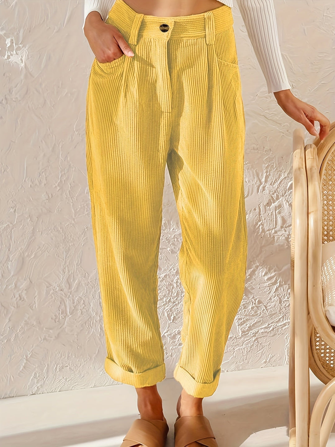 Hesperara | Women's Casual Corduroy Relaxed Fit Tapered Pants — Yellow