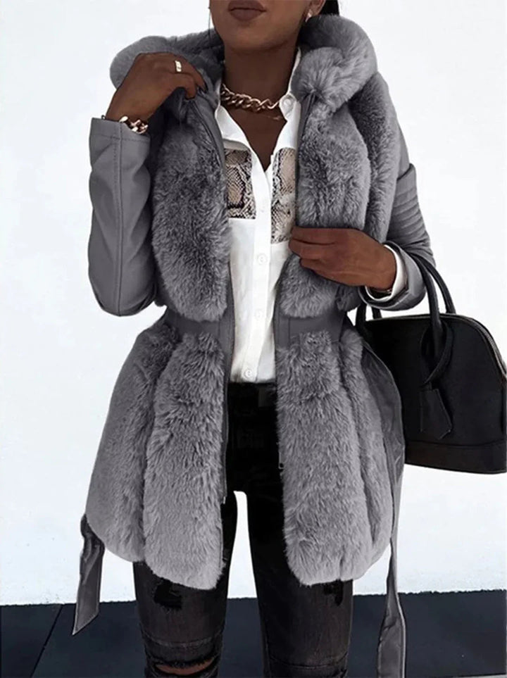 Hesperisse | Women's Casual Stretch Faux Fur Hooded Faux Leather Sleeve Top — 1