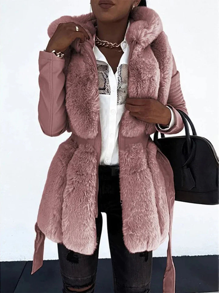 Hesperisse | Women's Casual Stretch Faux Fur Hooded Faux Leather Sleeve Top — Pink