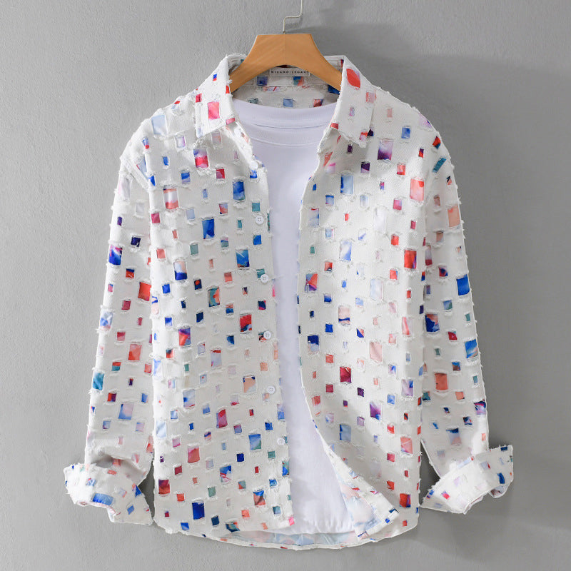 Horatio | Men's Button-Up Casual Long Sleeve Geometric Print Shirts — White