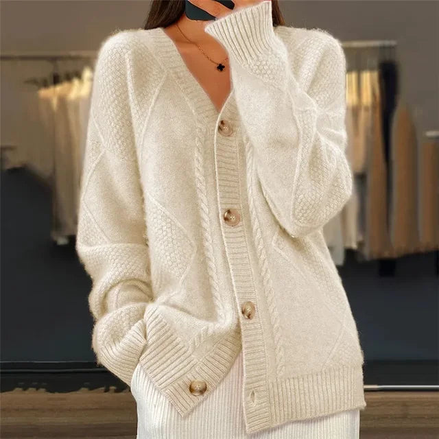 Ilselia | Women's Knit Cozy Oversized V-Neck Button Front Cardigan — 2