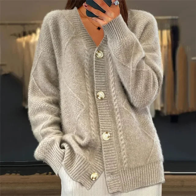 Ilselia | Women's Knit Cozy Oversized V-Neck Button Front Cardigan — Grey