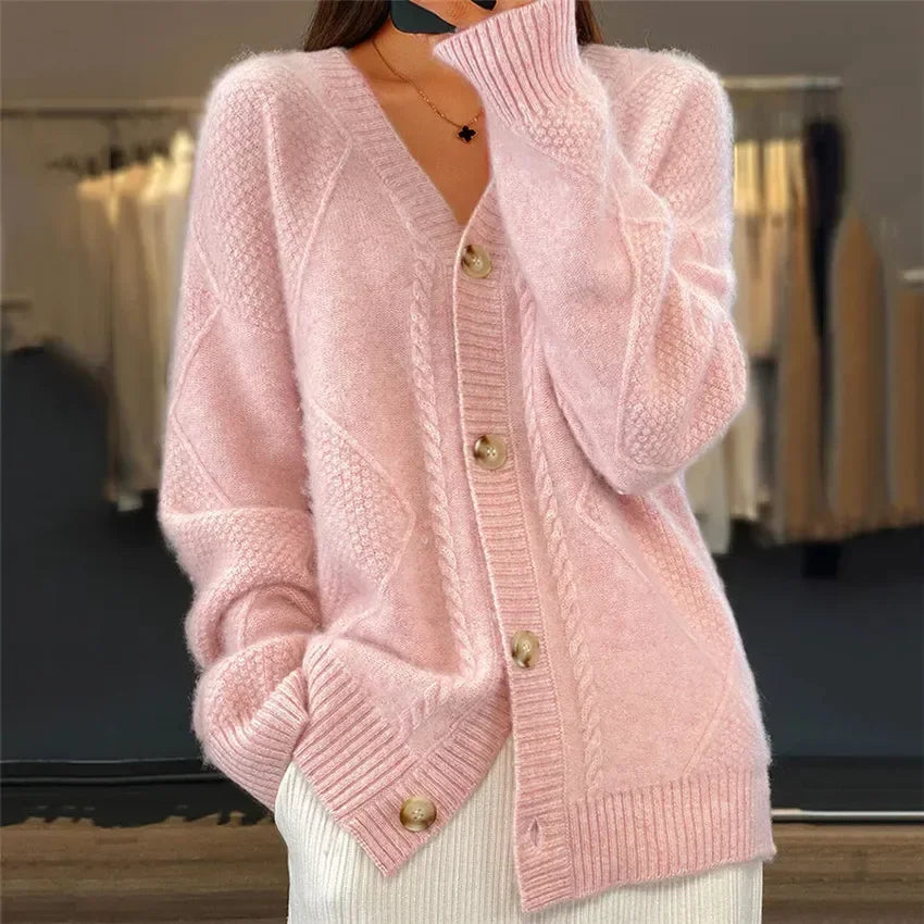 Ilselia | Women's Knit Cozy Oversized V-Neck Button Front Cardigan — Pink