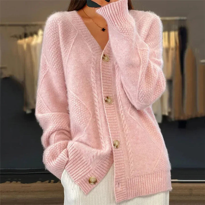 Ilselia | Women's Knit Cozy Oversized V-Neck Button Front Cardigan — Pink