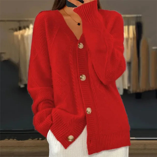 Ilselia | Women's Knit Cozy Oversized V-Neck Button Front Cardigan — Red