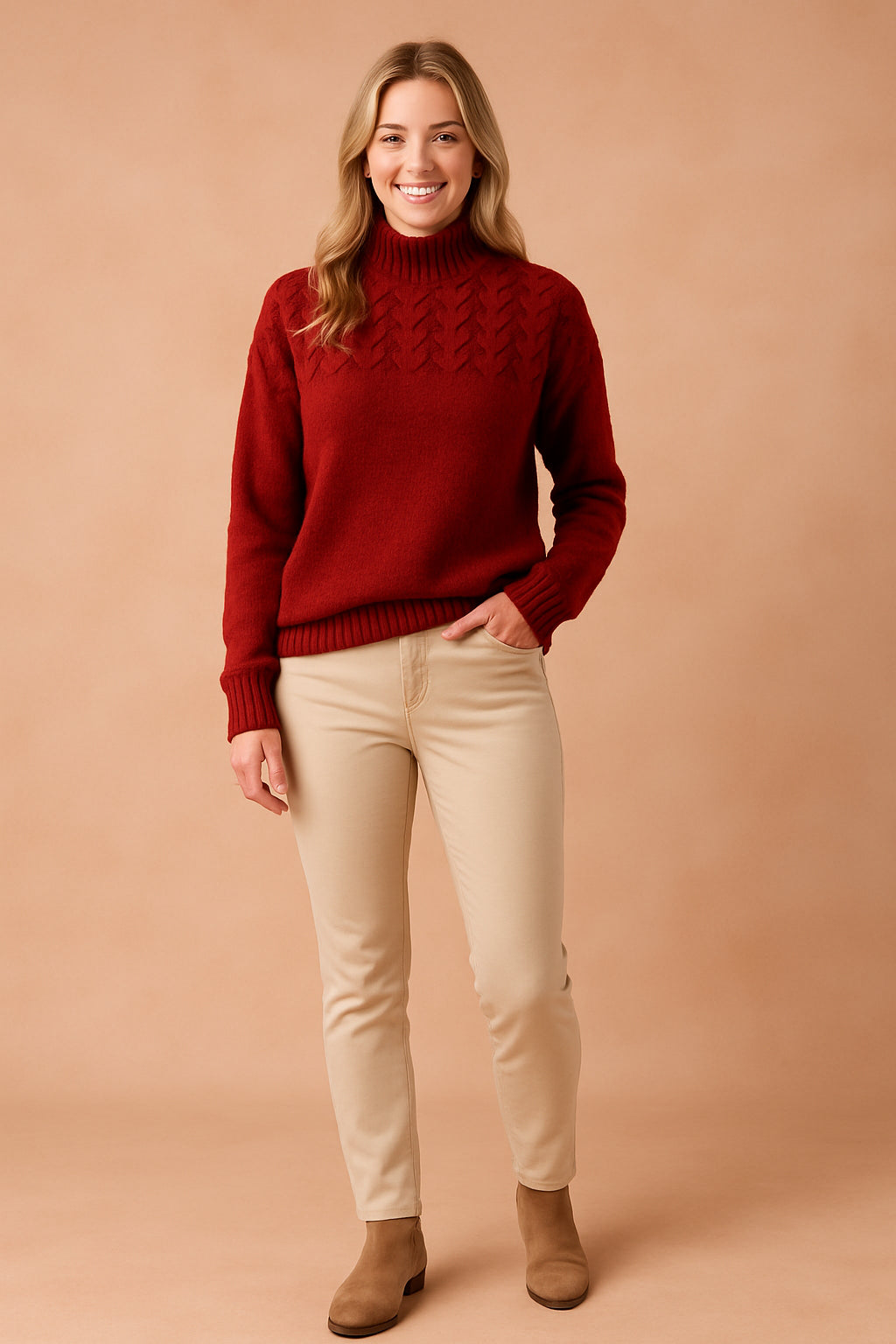 Ilselyn | Women's Cozy Cable Knit Turtleneck Sweater — Red