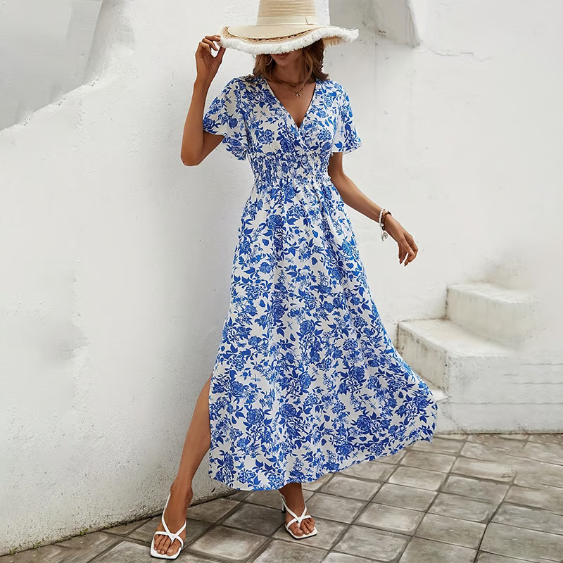 Model wearing hut vacation style maxi dress 
