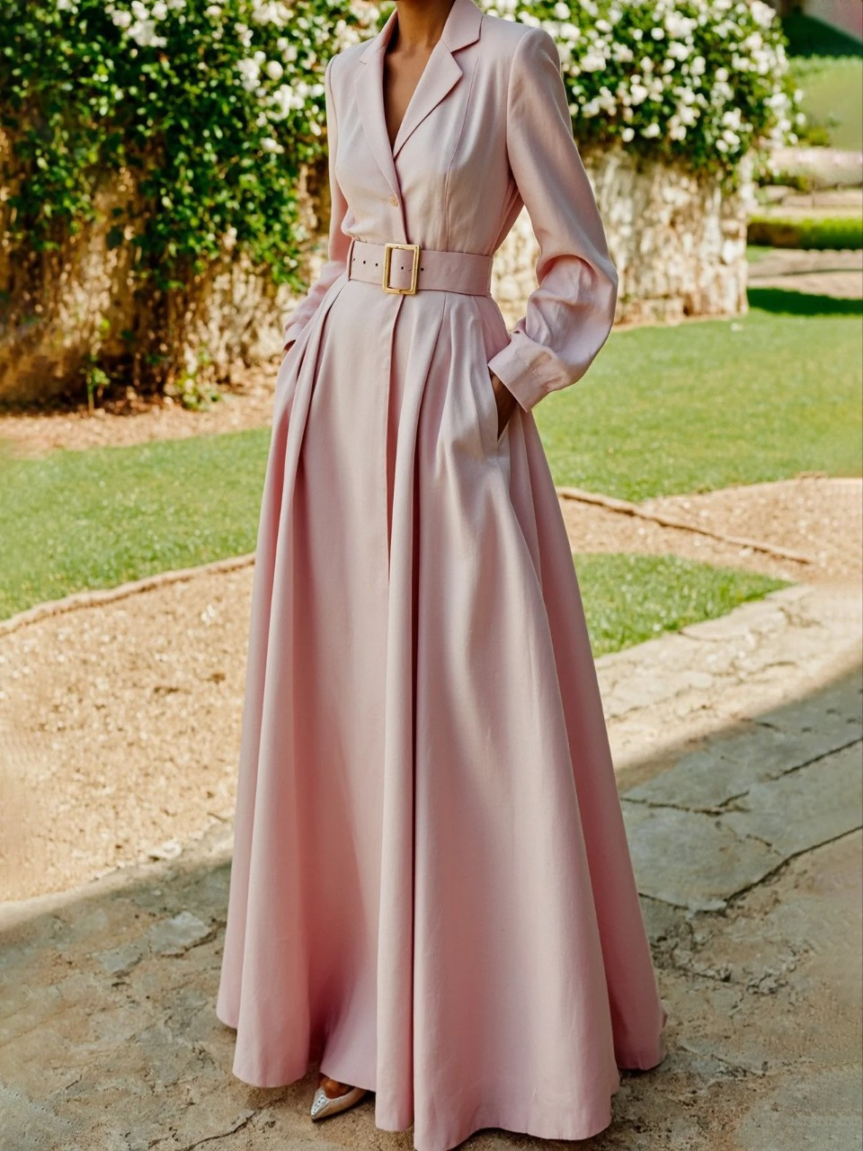 Model wearing flowing maxi dress front view plain background elegant pose