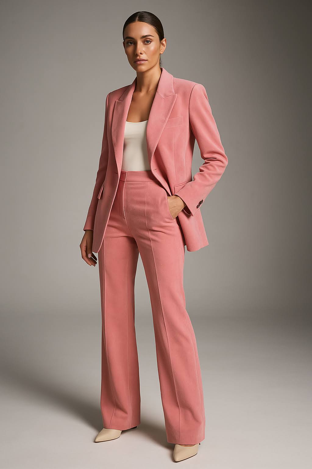 Model wearing a coordinated pantsuit set with a clean tailored look.