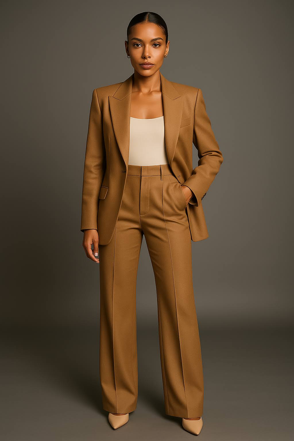 Female model wearing a two piece suit set with clear lines on a plain background.