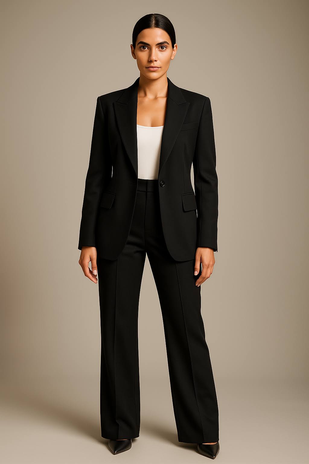 Woman wearing a polished suit set with wide leg trousers on a plain background.
