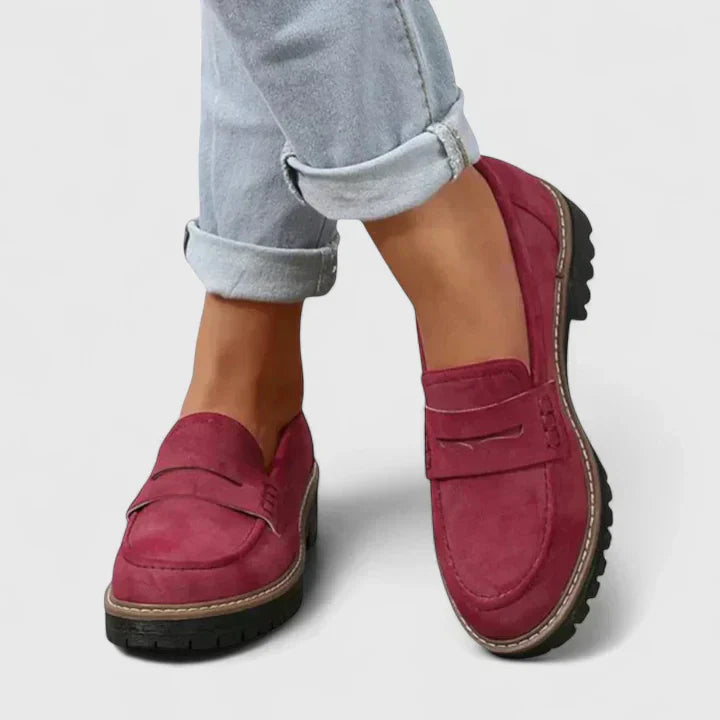 Red casual shoes with chunky tread bottom