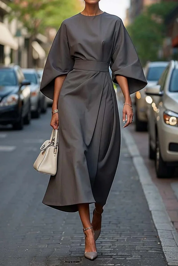 Imogen | Women's Wedding Guest Elegant Lantern Sleeve Fitted Evening Maxi Dress Dresses — Grey