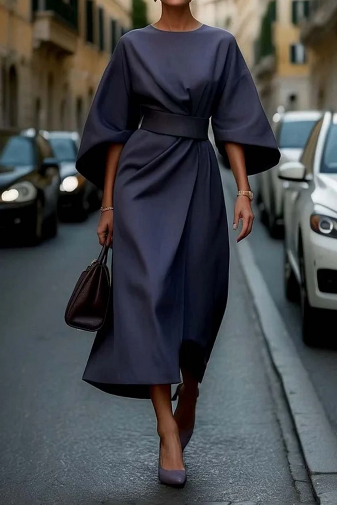 Imogen | Women's Wedding Guest Elegant Lantern Sleeve Fitted Evening Maxi Dress Dresses — Navy Blue