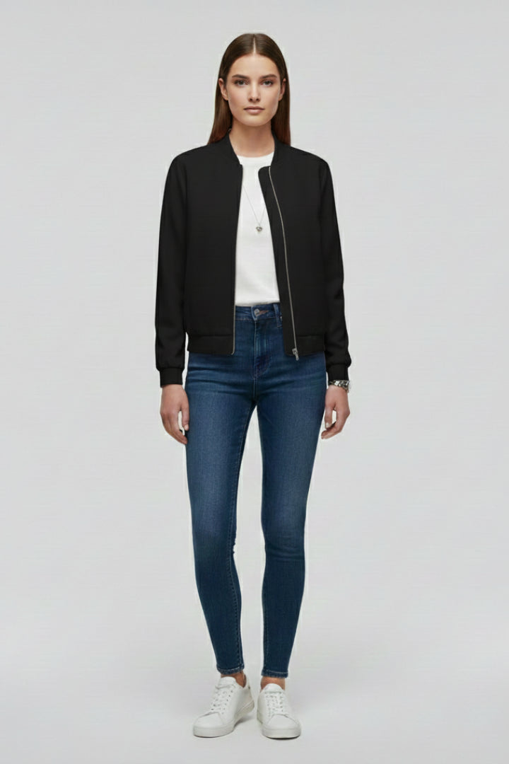 Ioneaine | Women's Bomber Jacket with Zipped Front and Straight Hem — Black