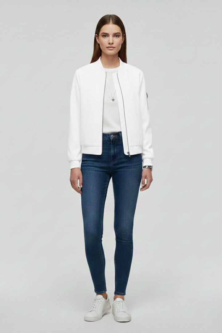 Ioneaine | Women's Bomber Jacket with Zipped Front and Straight Hem — White
