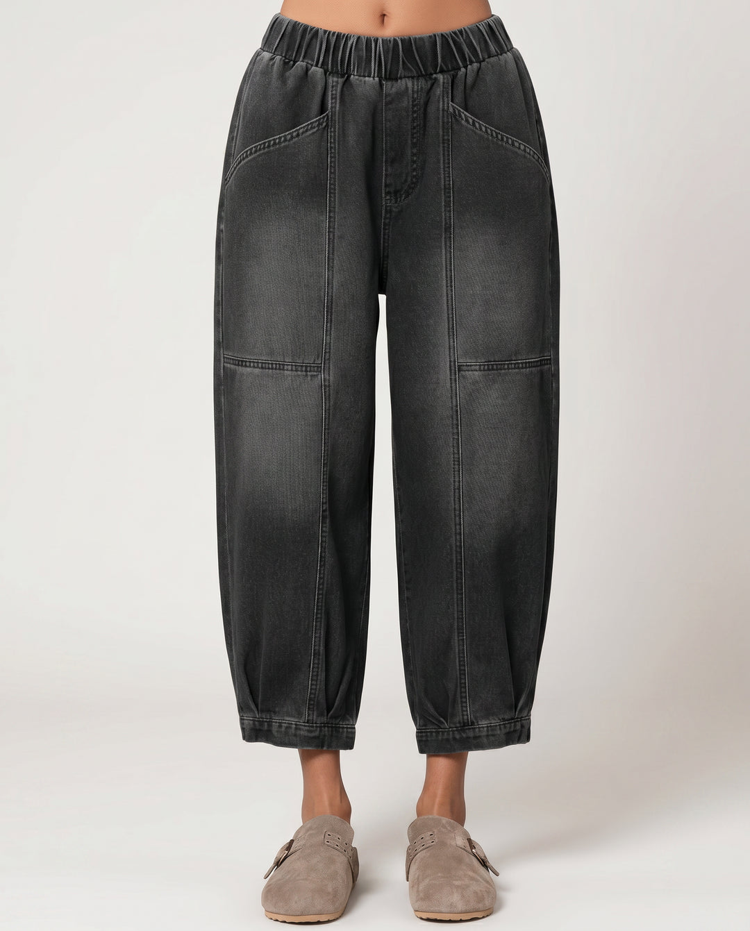 Ionebelle | Women's High-Waist Wide-Leg Tapered Jeans with Elastic Waist — Black