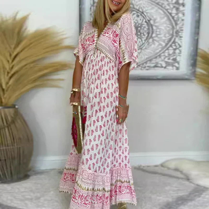Isabeau | Women's Wedding Guest Elegant Boho Print Maxi Dresses — Pink