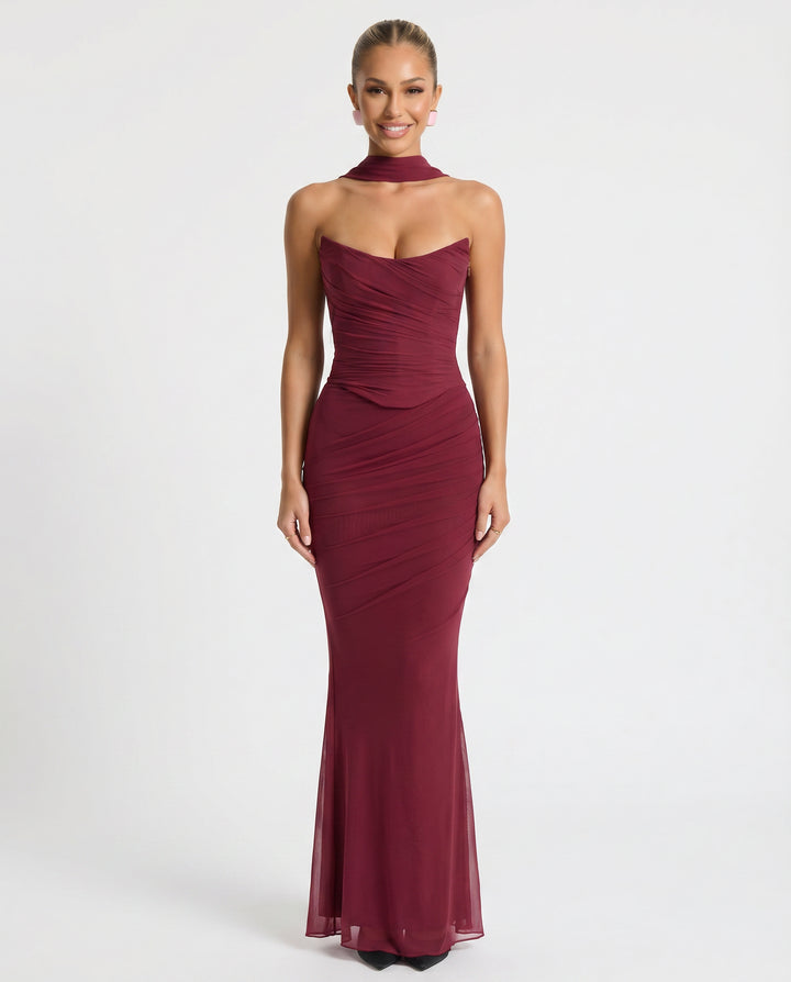 Ivoanthe | Women's Wedding Guest Elegant Maxi Dress with Ruched Mesh and Fluted Hem Dresses — 1