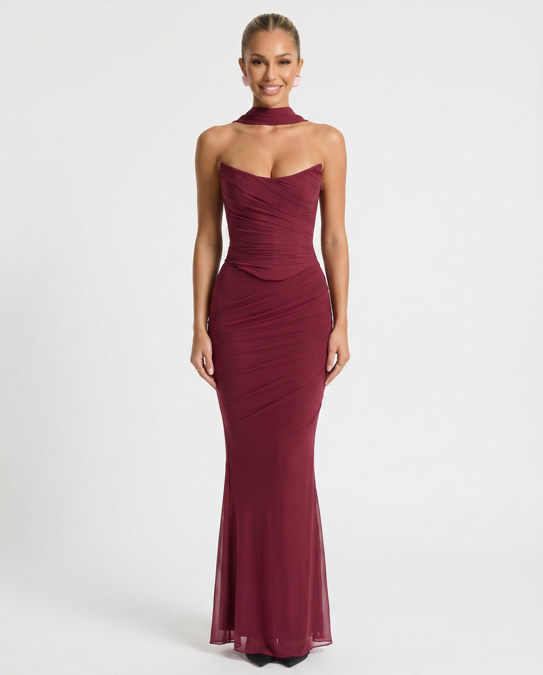 Ivoanthe | Women's Wedding Guest Elegant Maxi Dress with Ruched Mesh and Fluted Hem Dresses — Wine Red
