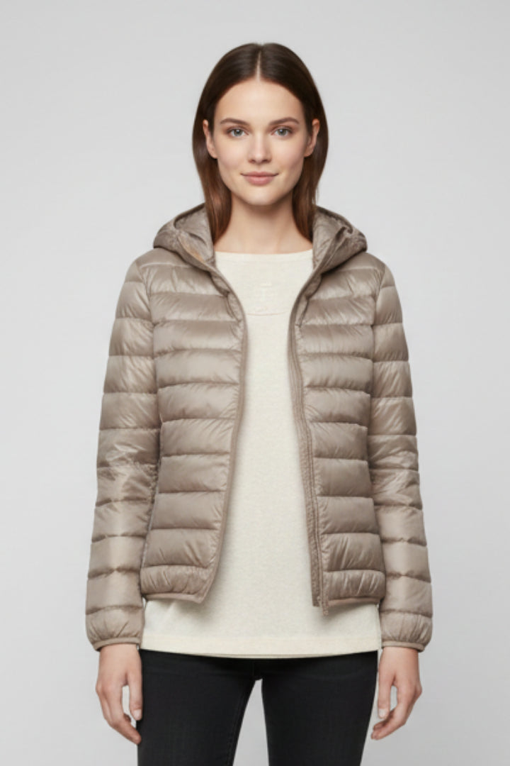Ivoienne | Women's Hooded Jacket with Zip Fastening and Quilted Surface — Beige