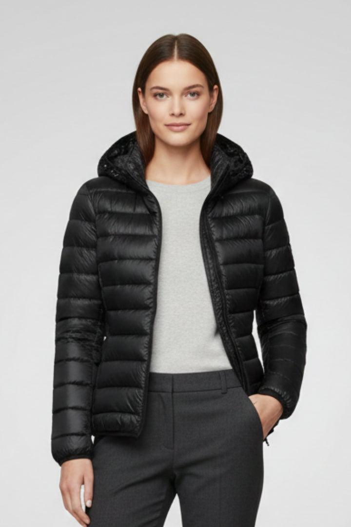 Ivoienne | Women's Hooded Jacket with Zip Fastening and Quilted Surface — Black