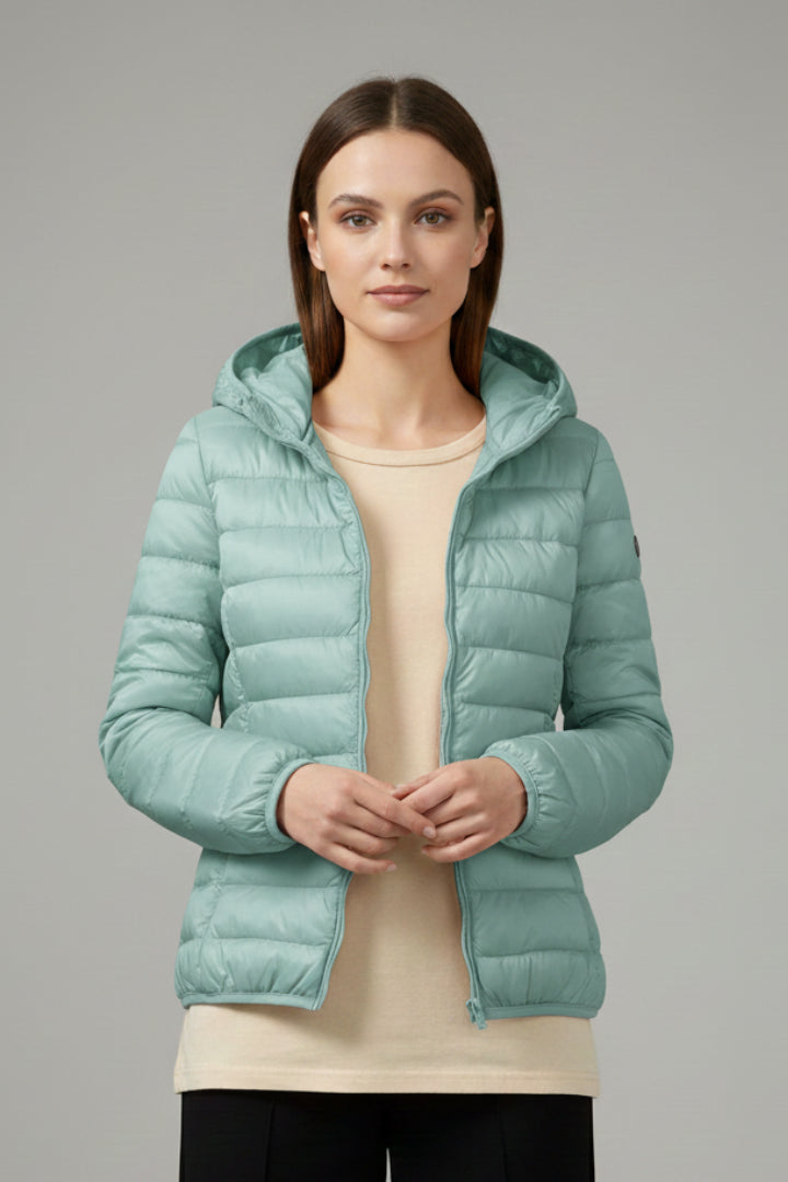 Ivoienne | Women's Hooded Jacket with Zip Fastening and Quilted Surface — Mint Green