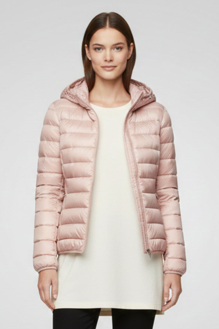 Ivoienne | Women's Hooded Jacket with Zip Fastening and Quilted Surface — Pink