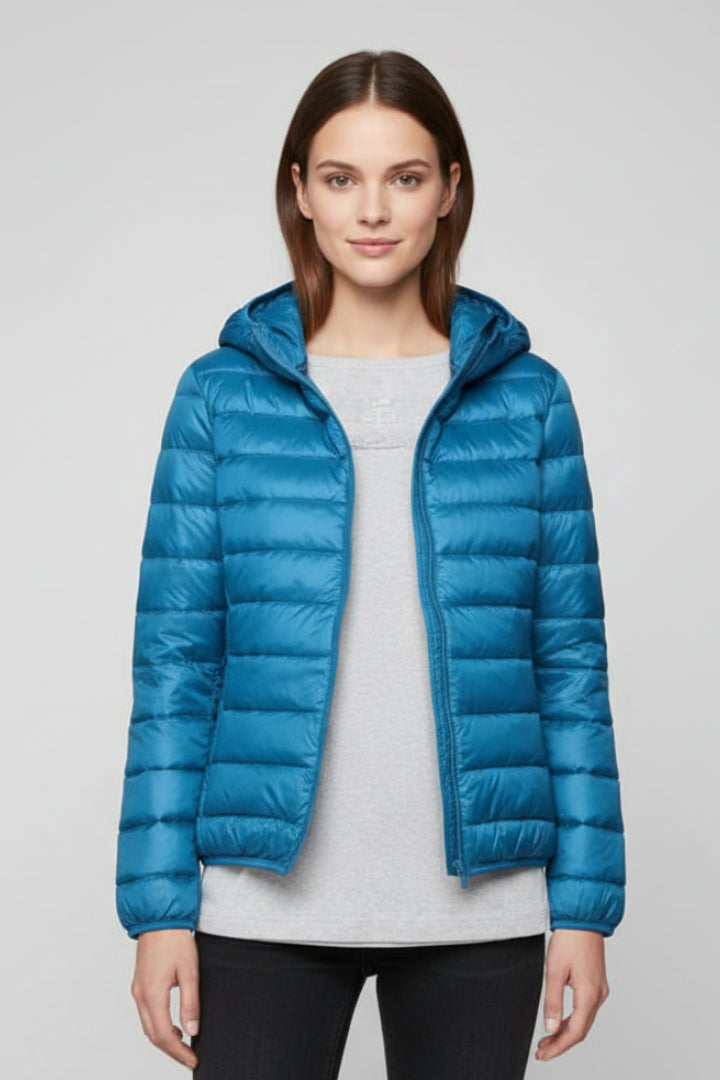 Ivoienne | Women's Hooded Jacket with Zip Fastening and Quilted Surface — Turquoise