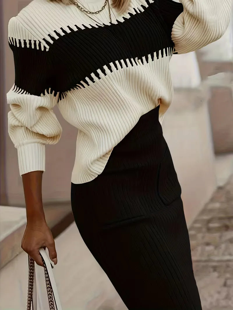 Ivolia | Women's Two-Piece Matching Ribbed Knit Skirt Set – High Neck Sweater Co-Ord — Black
