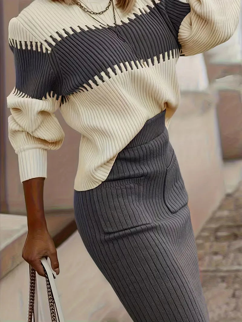 Ivolia | Women's Two-Piece Matching Ribbed Knit Skirt Set – High Neck Sweater Co-Ord — 1