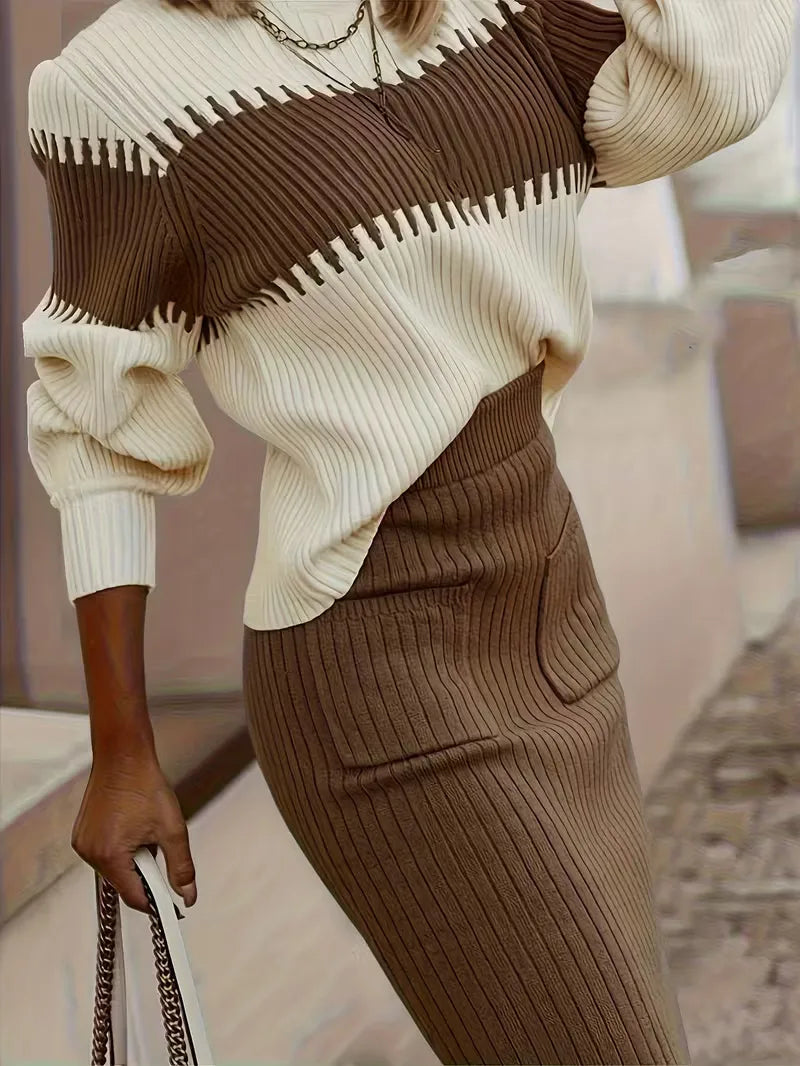 Ivolia | Women's Two-Piece Matching Ribbed Knit Skirt Set – High Neck Sweater Co-Ord — Brown