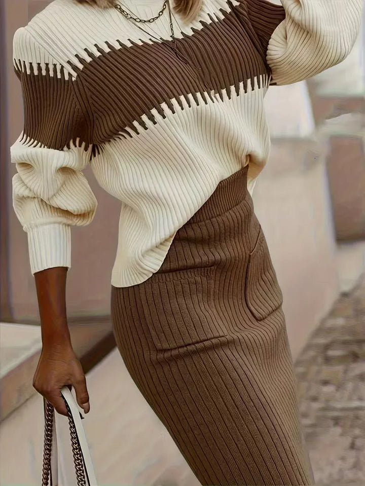 Ivolia | Women's Two-Piece Matching Ribbed Knit Skirt Set – High Neck Sweater Co-Ord — Brown