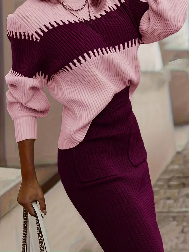 Ivolia | Women's Two-Piece Matching Ribbed Knit Skirt Set – High Neck Sweater Co-Ord — Dark Pink
