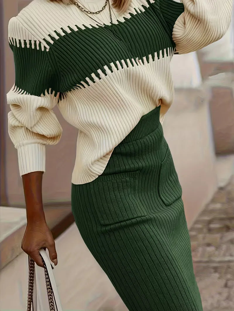 Ivolia | Women's Two-Piece Matching Ribbed Knit Skirt Set – High Neck Sweater Co-Ord — Green