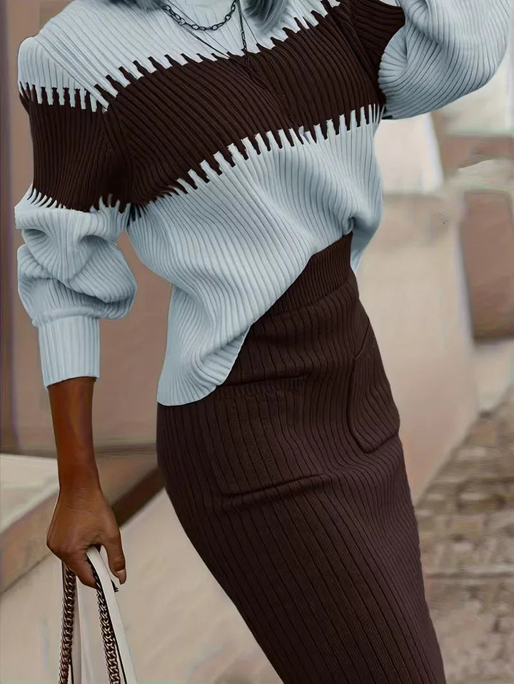 Ivolia | Women's Two-Piece Matching Ribbed Knit Skirt Set – High Neck Sweater Co-Ord — Light Blue