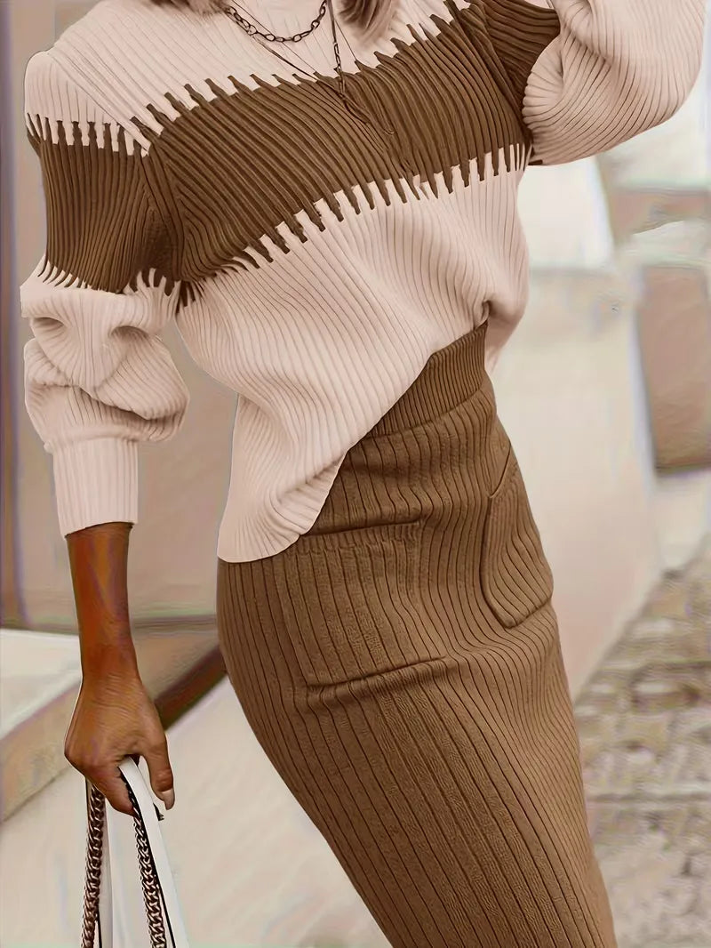 Ivolia | Women's Two-Piece Matching Ribbed Knit Skirt Set – High Neck Sweater Co-Ord — Light Brown